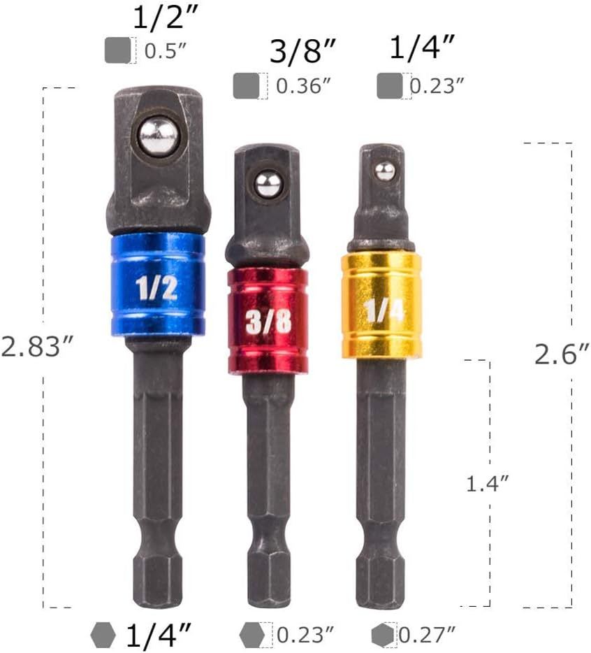 『送料無料』ソケットアダプターセット 3本組 差込　6.35(1/4)9.5(3/8)12.7(1/2)mm用 六角軸 電動ドライバー ドリル ビット 9.5 12.7 　B_画像3