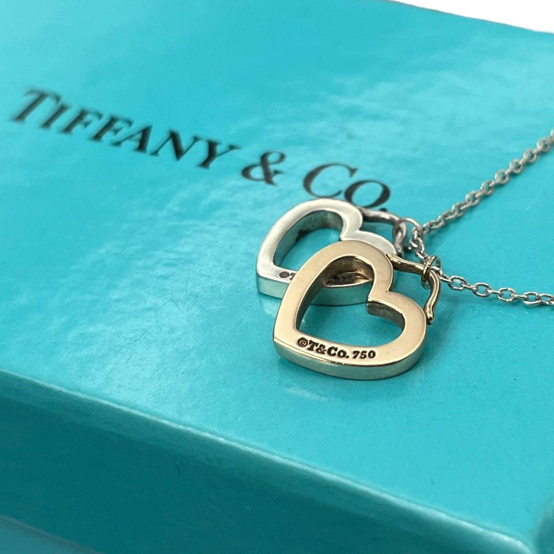 極美品 付属品完備 Tiffany&co.2434 ダブルハート センチメンタル ネックレス ティファニー シルバー ゴールド 750 k18 コンビ