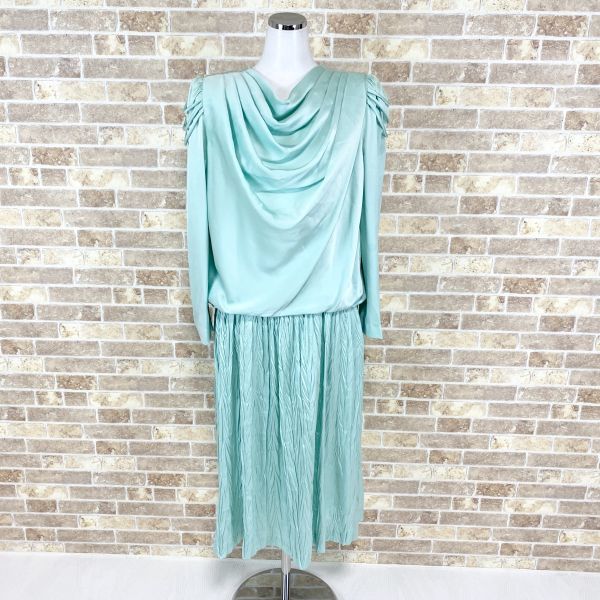 1円 ドレス SILDZIOUS ワンピース 9号 薄緑系光沢 肩パット カラー