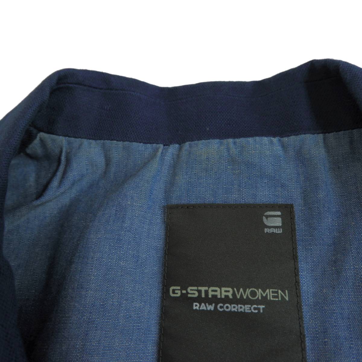 ◆送料無料◆ G-STAR RAW ジースターロウ コットン × リネン レザー テーラード ジャケット ブレザー 紺 レディース 34　1923j0