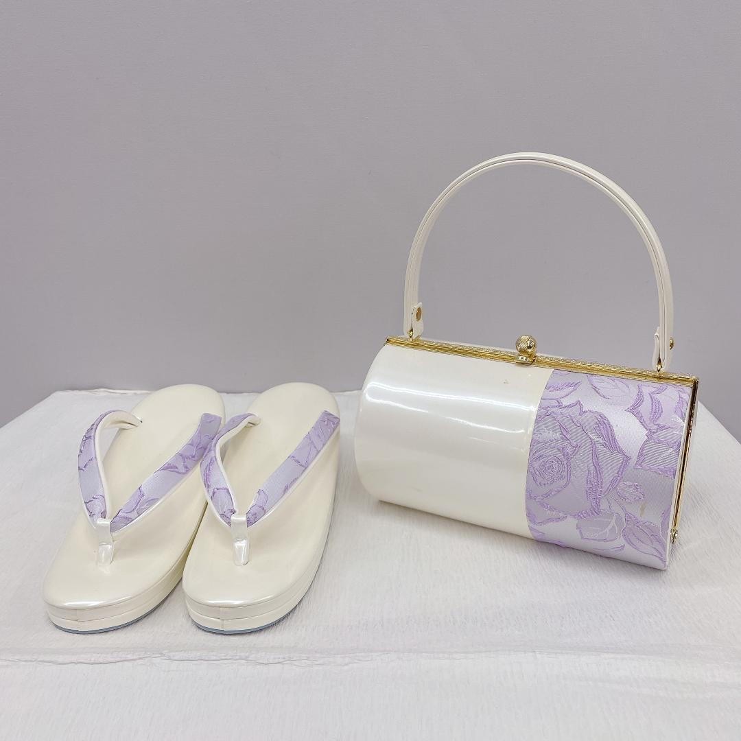 948 草履 バッグ セット 成人式 和小物 和装バッグ 白 紫色｜PayPayフリマ