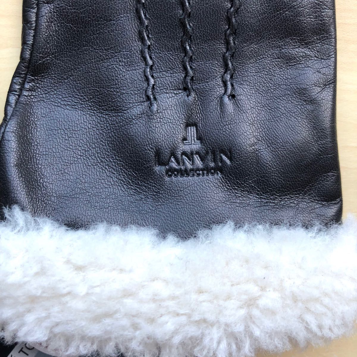 ★新品・タグ付き★ランバンコレクション　レザー手袋　ボア付き　黒　ブラック　スマホ対応　日本製　羊革　ラムレザー　20cm