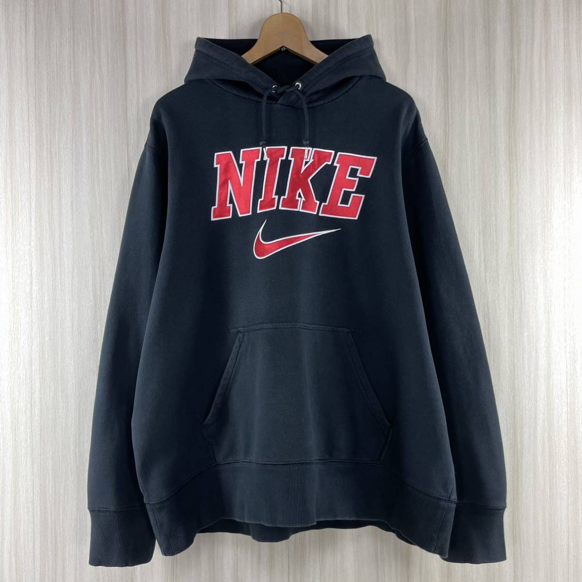 【入手困難】Nike ナイキ 刺繍ワッペン ビッグスウッシュ 裏起毛 プルオーバー スウェットパーカー XL表記 ブラック ビッグシルエット 古着