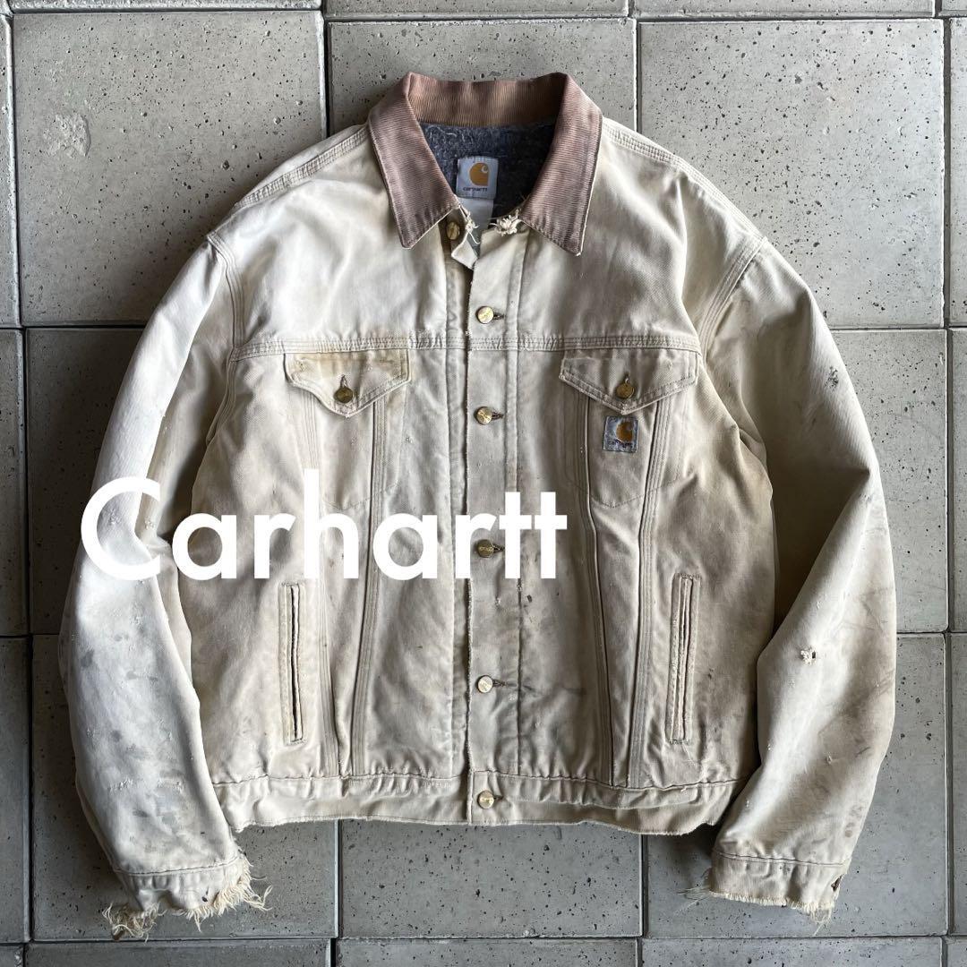 90s【Carhartt カーハート】ボロ グランジ ダメージ ダック トラッカー ジャケット 裏地ブランケット ベージュ_画像1