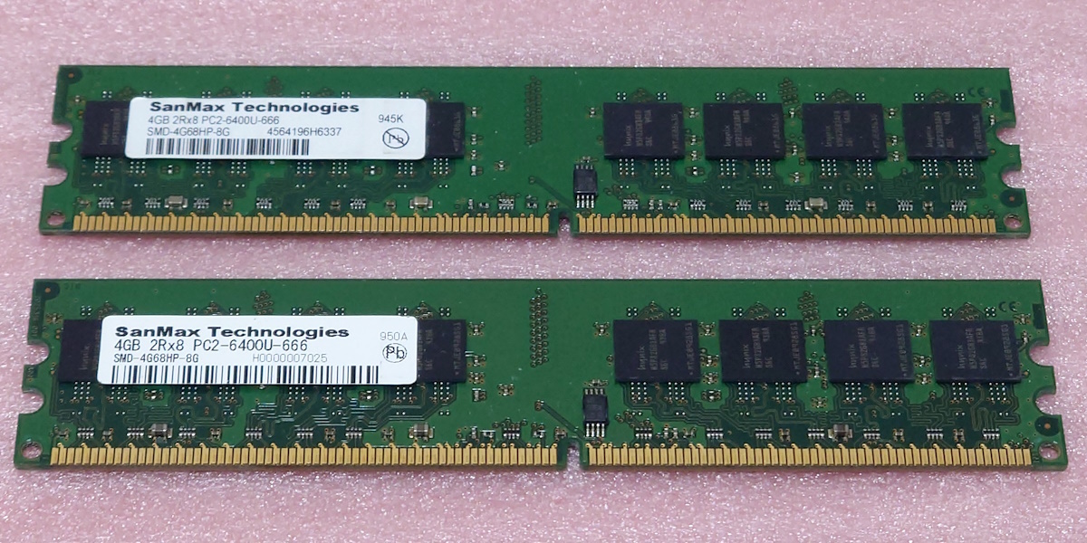 ¶SanMax SMD-4G68HP-8G 2枚セット *PC2-6400U/DDR2-800 Hynixチップ 240Pin DDR2 SDRAM 8GB(4GB x2) 動作品_画像1