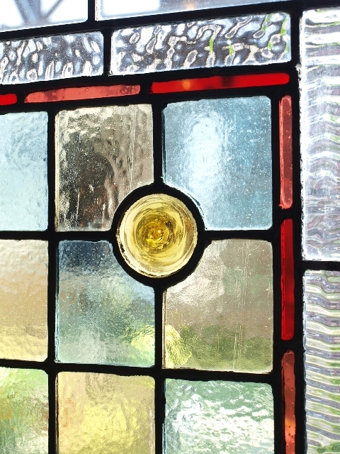 ■アンティークステンドグラス23414-2 小鳥のエナメル絵付け 英国 イギリス 窓 ドア 内装に ■