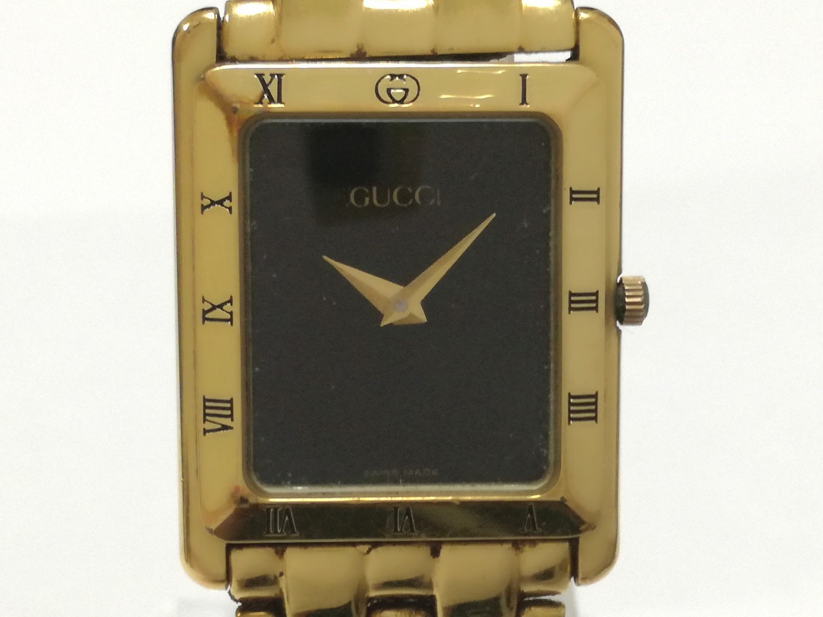 稼働品 GUCCI グッチ 腕時計 4200M ゴールド ブラック文字盤 スクエア クォーツ 540-1_画像1