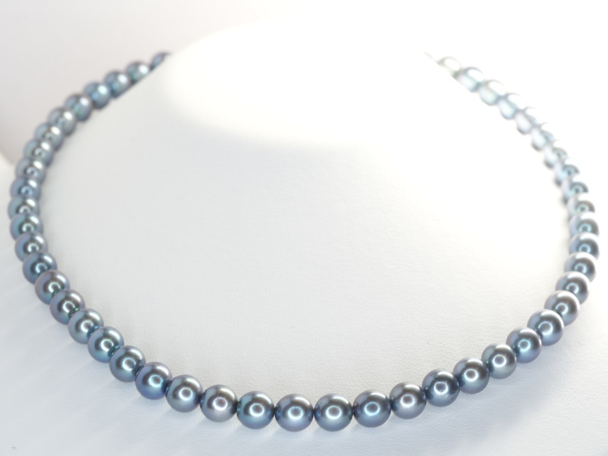 ●288 真珠祭り！天然アコヤ本真珠ネックレス　ラウンド コバルトブルー色味 7.5mm～8.0mm珠 照りABエクボAB 箱に入れて配送致します