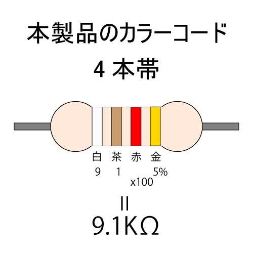 カーボン抵抗【炭素被膜抵抗】 9.1KΩ (1/6Ｗ ±5%) 10本　〒84～　(reg) _カラーコード