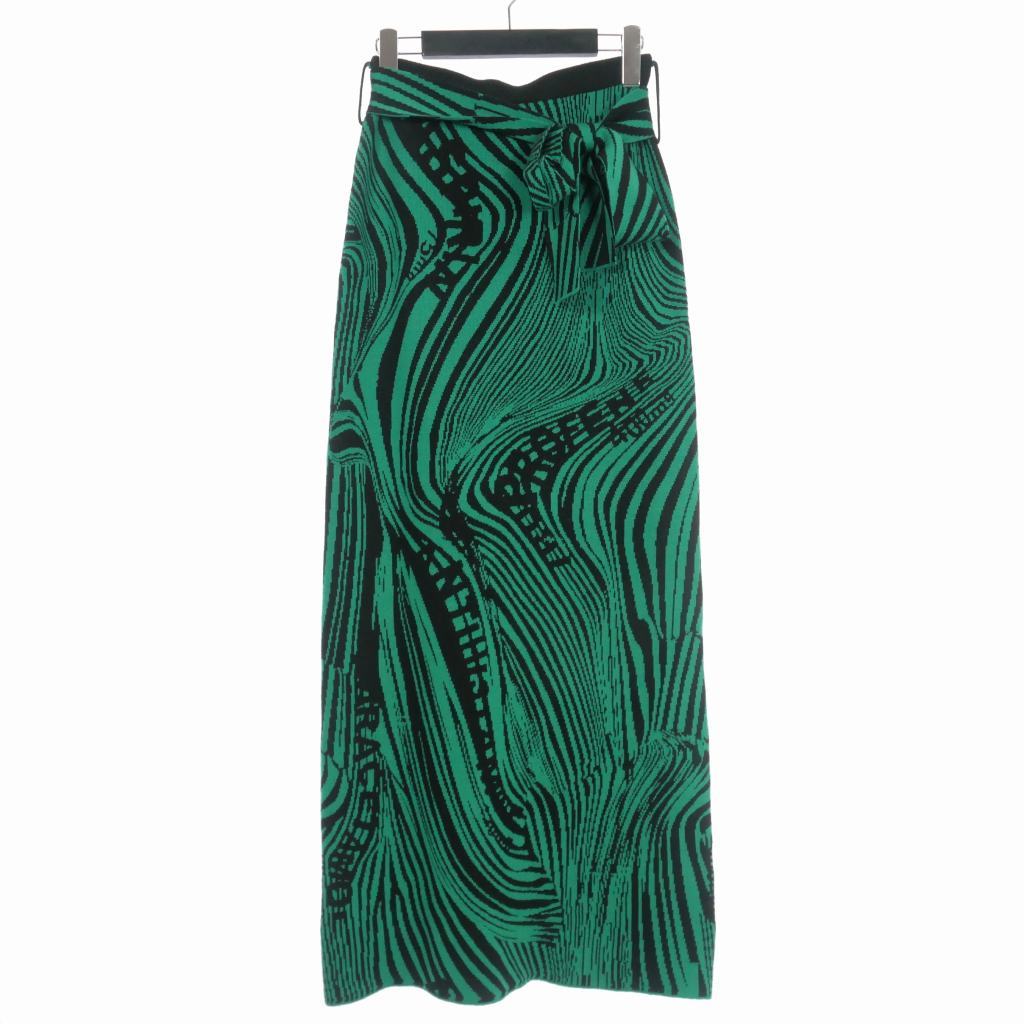 ロク rokh ニット ロング スカート 総柄 リボン ウェストゴム XS グリーン 緑 レディース