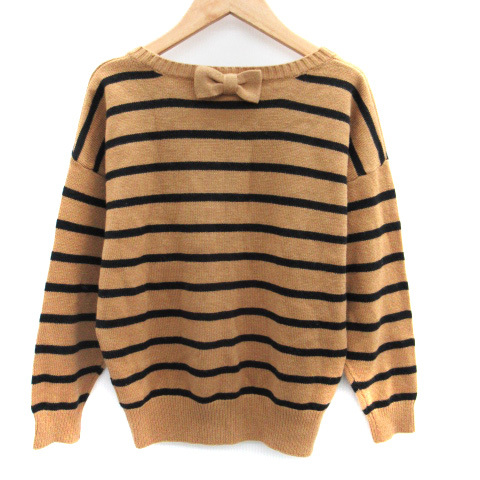  ef-de ef-de knitted sweater 7 minute sleeve round neck border pattern ribbon wool .9 beige black black /SM13 lady's 