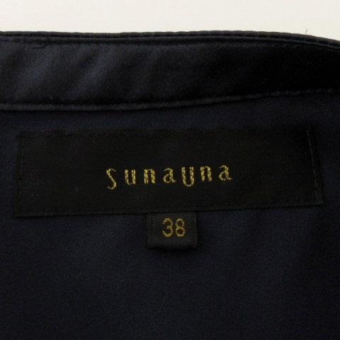 スーナウーナ Sunauna 良品 ワンピース ひざ丈 七分袖 花柄 タック 紺 ネイビー 38 ■ECS レディース