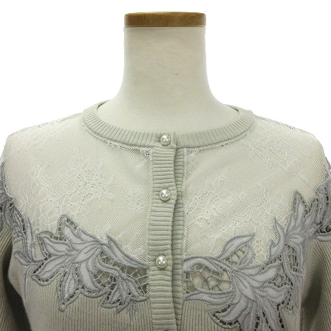 ハーリップトゥ Lace Trimmed Pearl-Button Cardigan クロップドカーディガン ニット 七分袖 レース シースルー 花柄 グレー M ■SM1_画像4