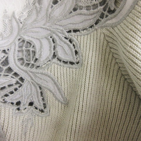 ハーリップトゥ Lace Trimmed Pearl-Button Cardigan クロップドカーディガン ニット 七分袖 レース シースルー 花柄 グレー M ■SM1_画像5