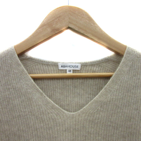  Abahouse ABAHOUSE knitted sweater long sleeve V neck plain wool 48 beige /YS4 men's 