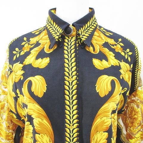 未使用品 ジャンニヴェルサーチ ヴェルサーチェ GIANNI VERSACE 長袖 シャツ ブラウス 比翼 38 黒系 ブラック イタリア製 シースルー 透け_画像4