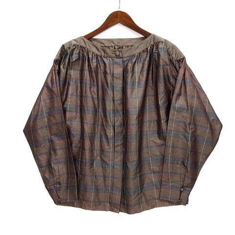  Christian Dior Christian Dior PRET-A-PORTER satin boat neck check blouse shirt long sleeve Brown tea S Vintage 