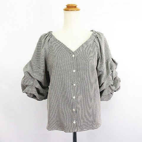  Olive des Olive OLIVE des OLIVE blouse shirt 7 minute sleeve no color V neck check stretch M black × white *EKMreti