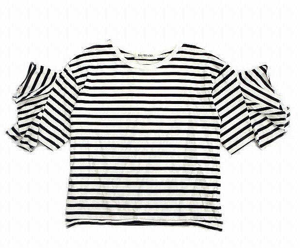 レイビームス Ray Beams ボーダー カットソー Tシャツ 袖フリル 切替 半袖 白 × 黒 ホワイト レディースの画像1