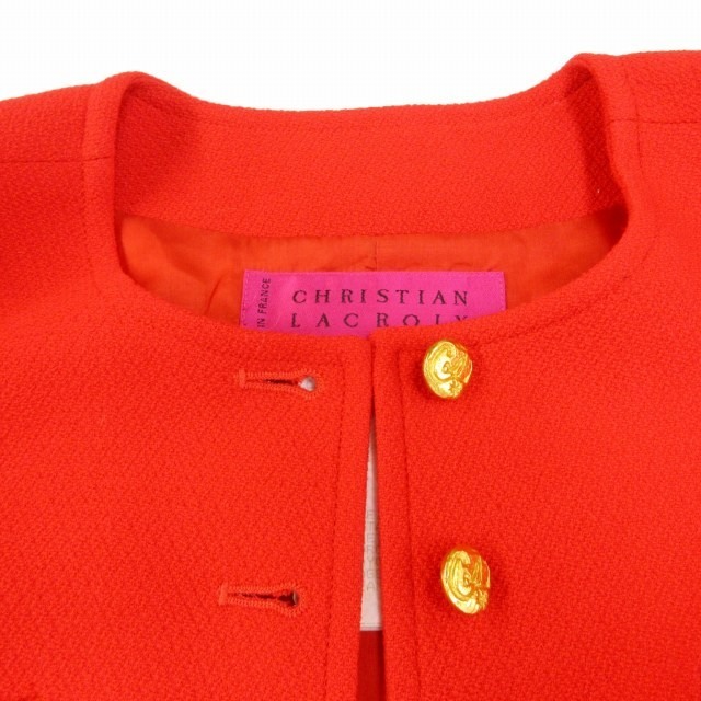 クリスチャンラクロワ CHRISTIAN LACROIX ヴィンテージ セットアップ スカートスーツ ウール 金ボタン ロゴ ジャケット ひざ丈 赤 36_画像7