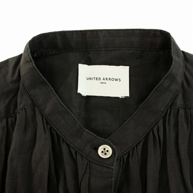 ユナイテッドアローズ UNITED ARROWS シャツ ブラウス ギャザー フレア ノースリーブ バンドカラー ラミー100% M 黒 ブラックの画像6