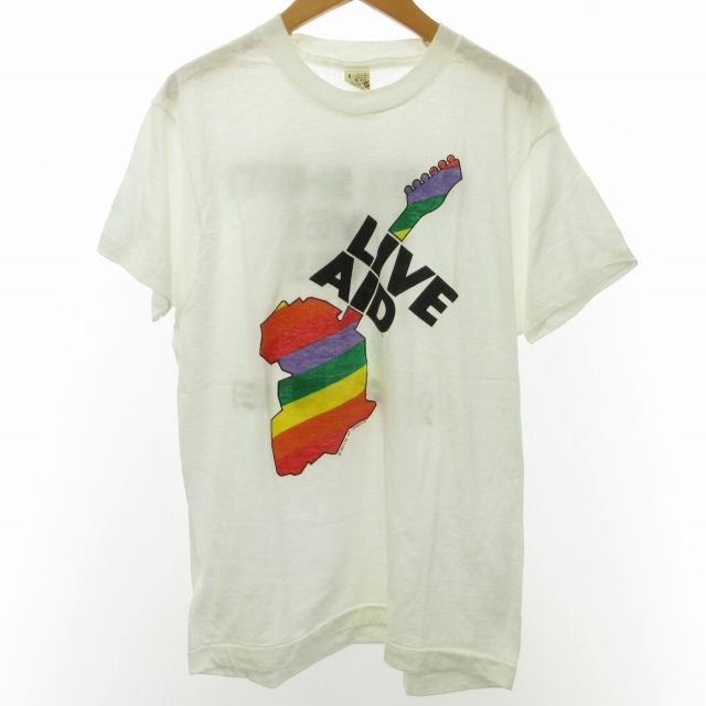 LIVE AID 80s ヴィンテージ Tシャツ カットソー バンT ロック USA製 半袖 プリント 白 ホワイト L 1012 STK メンズ