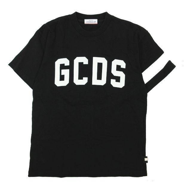 GCDS ジーシーディーエス ロゴ プリント Tシャツ カットソー 袖ライン 半袖 丸首 黒 ブラック XS メンズ_画像1