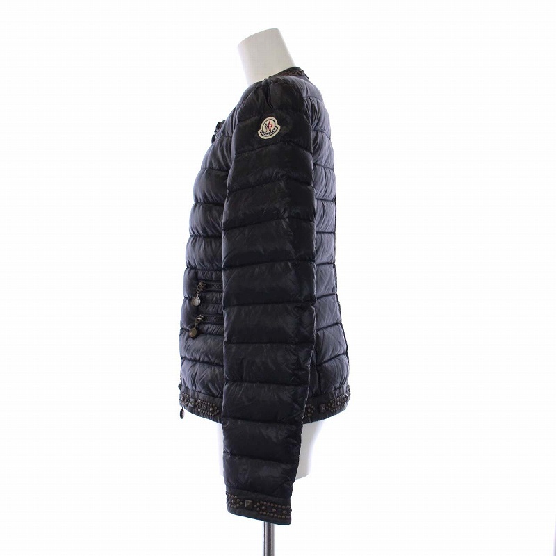 モンクレール MONCLER ROSEAU ダウンジャケット アウター ノーカラー スタッズ レザー切替 ジップアップ 0 XS 黒 ブラック /KH レディース_画像2