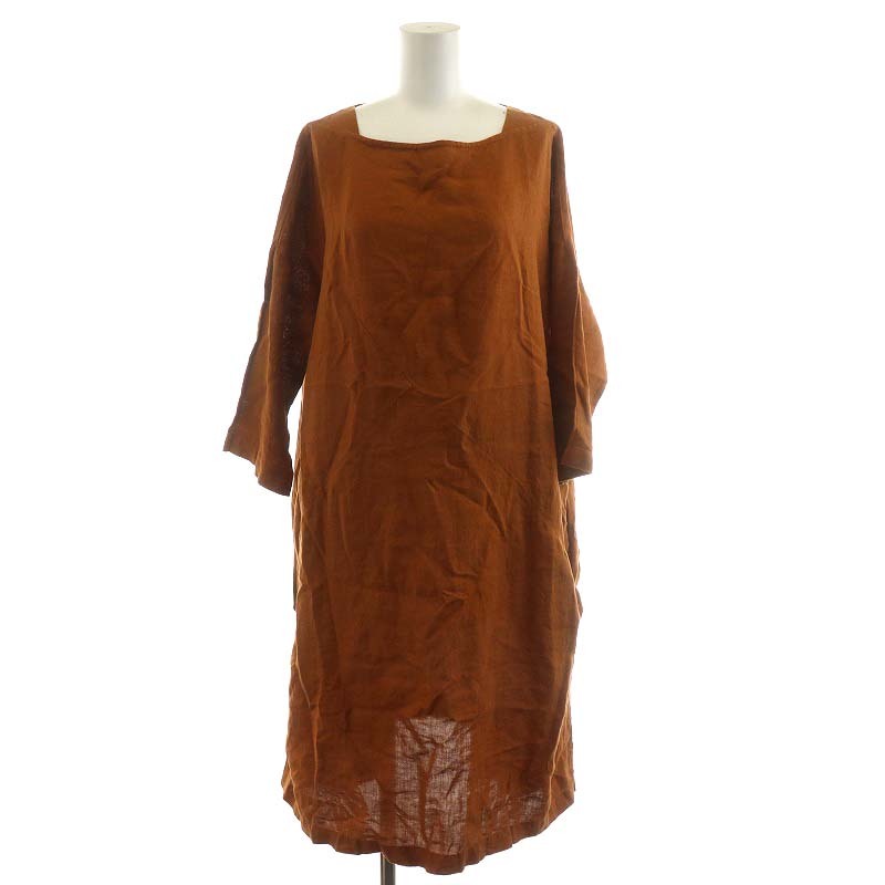 ネストローブ nest Robe Linen block design tunic dress ワンピース ミモレ ロング 5分袖 麻 F 茶 ブラウン /AN6 レディース