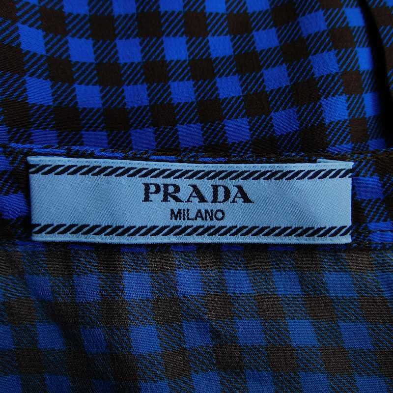 プラダ PRADA チェックブラウス 七分袖 ラウンドネック シルク 薄手 ブロックチェック 36 青 茶 ブルー ブラウン トップス /TYM レディース_画像8