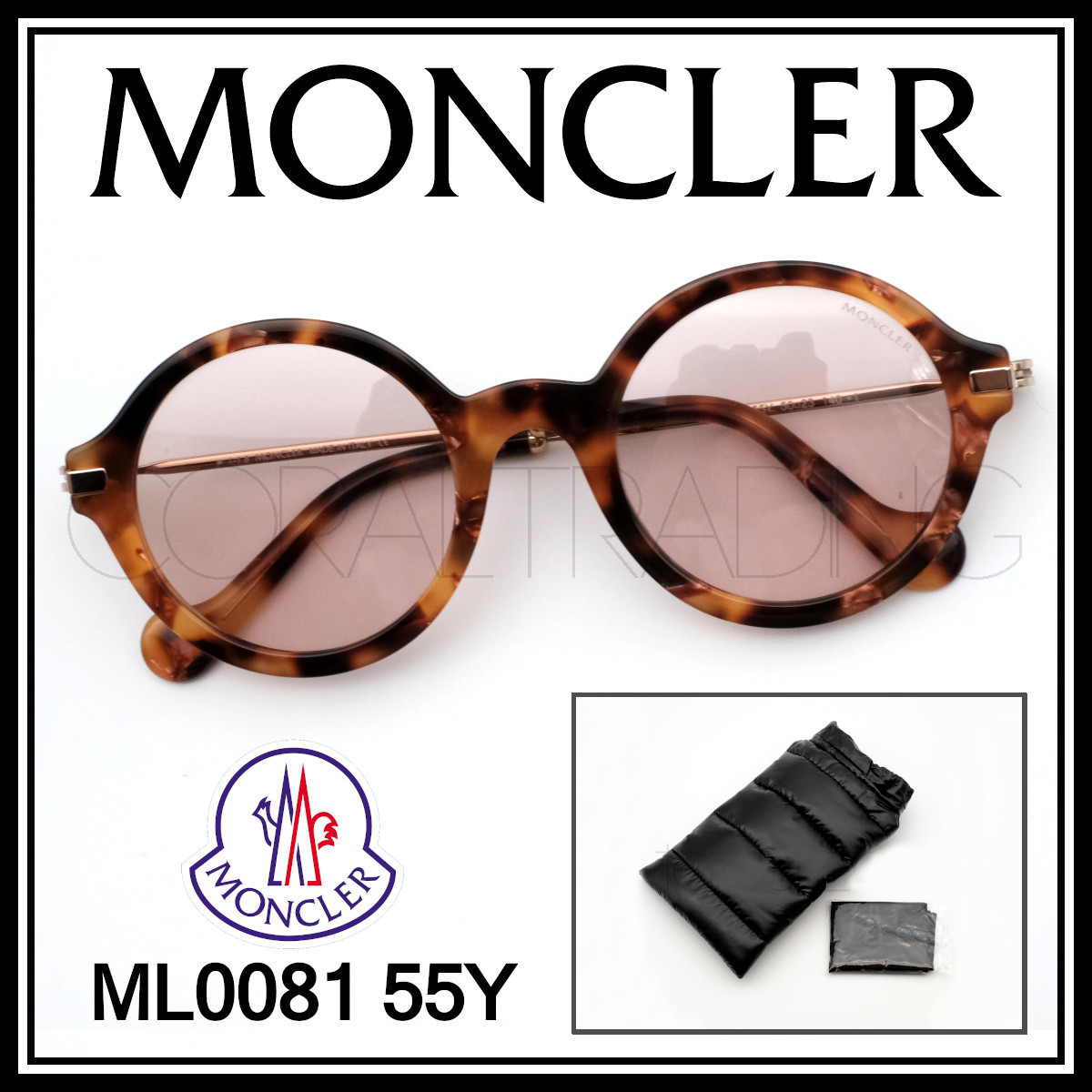 23464★新品本物！MONCLER ML0081 55Y べっ甲柄/ゴールド モンクレール サングラス ラウンドシェイプ コンビネーションフレーム