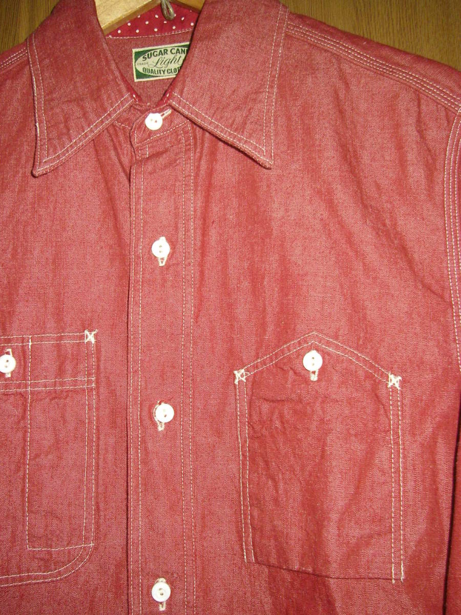 MADE IN JAPAN シュガーケーン ライト 赤 シャンブレー ワークシャツ ワーク シャツ 赤シャン 綿 麻 日本製 M 山ポケ ( S_画像3