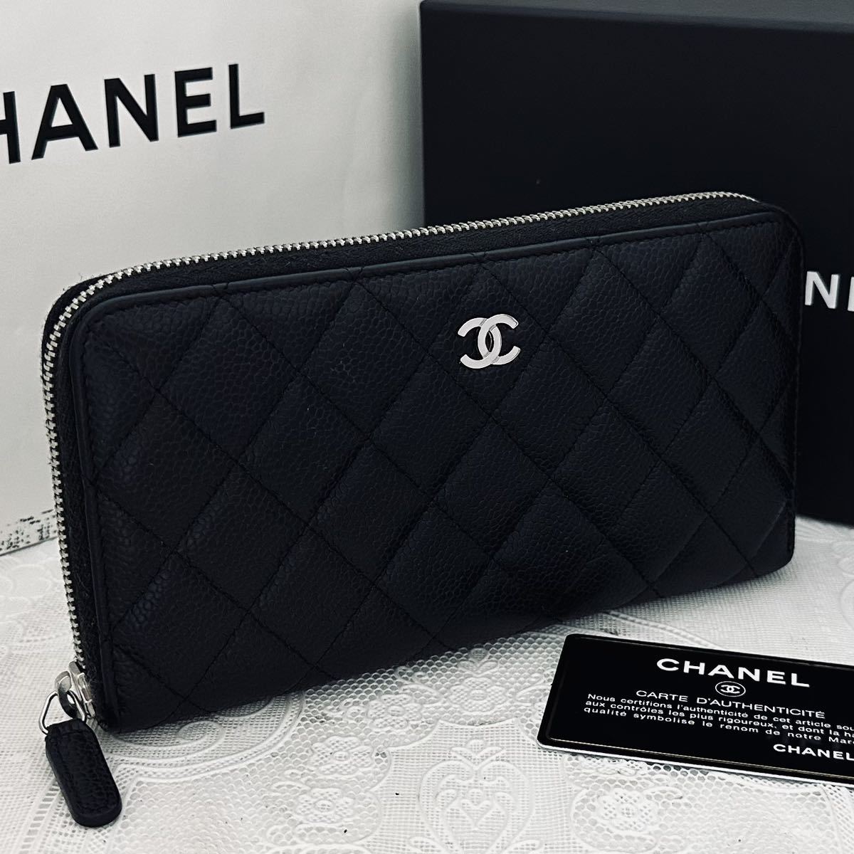 CHANEL シャネル ラウンドファスナー 長財布 キャビアスキン レザー クラシック ロング ジップ ウォレット ブラック 黒 シルバー 金具_画像1