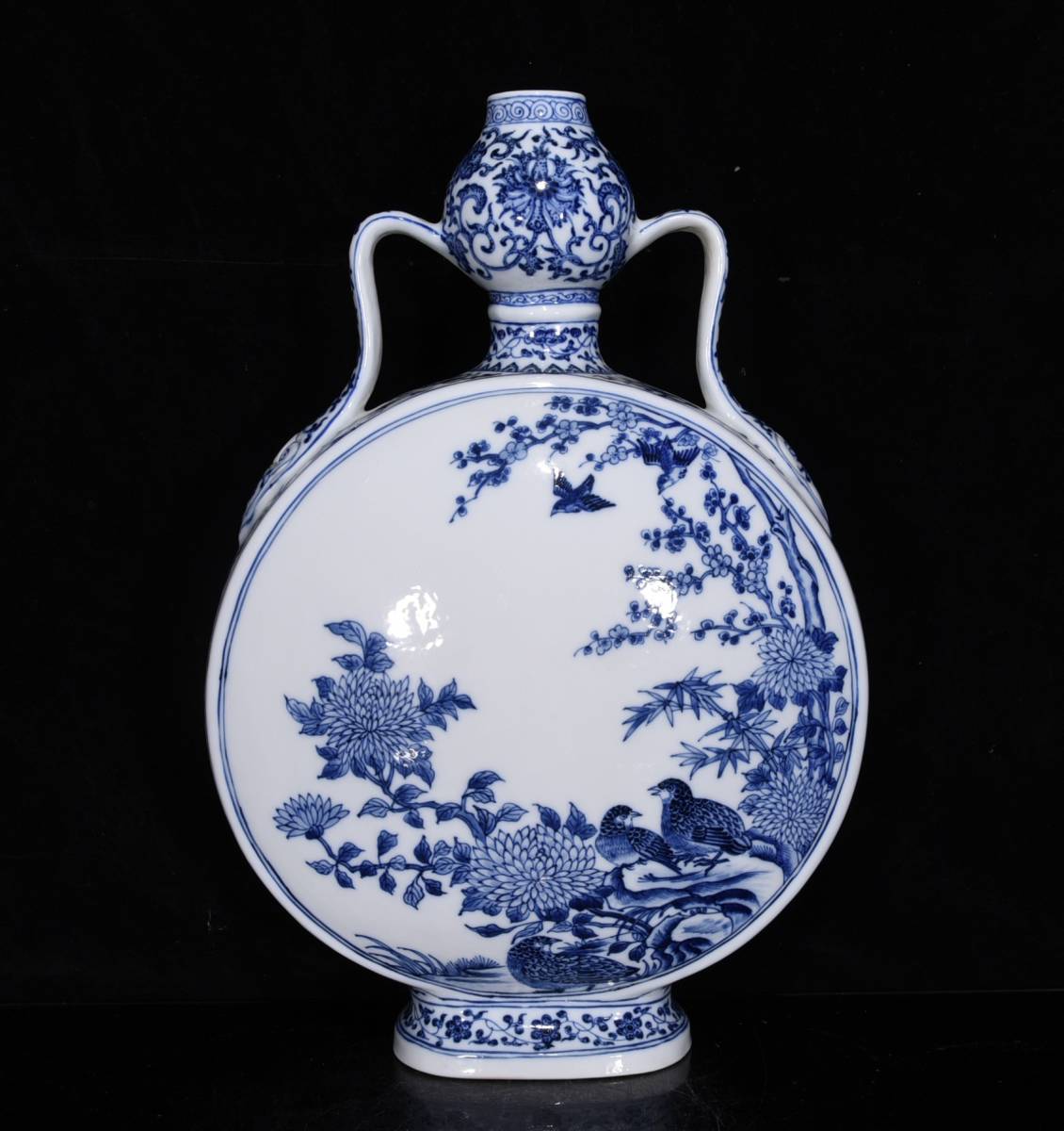 ◆旧蔵◆古美術 中国古玩 大清乾隆年製款 青花　花鳥紋双耳瓶 時代物　T08_画像1