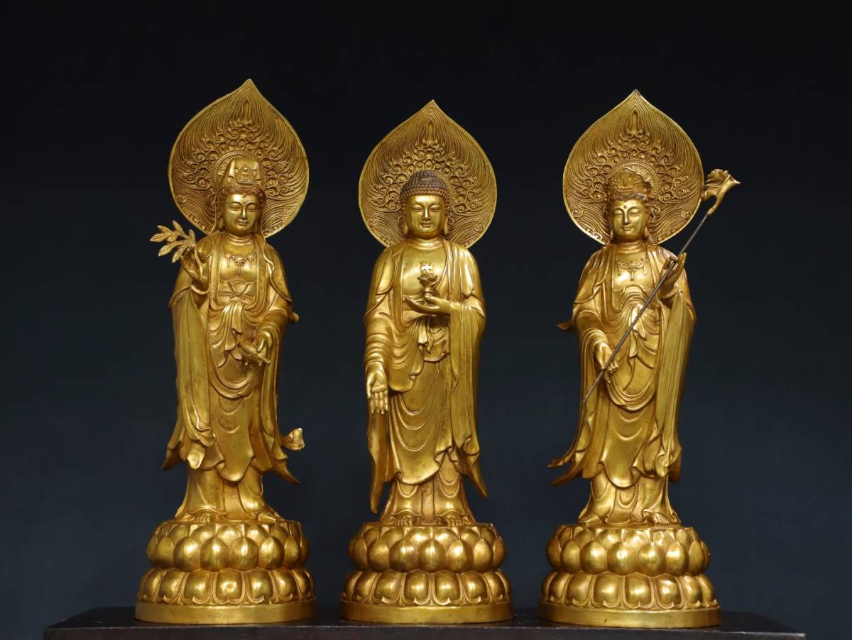 ◆旧蔵◆古美術 中国古玩 大明永樂年製款　古銅製　銅塗金　西方三聖　仏造像3点　極細工 置物 擺件 古賞物　時代物 A19