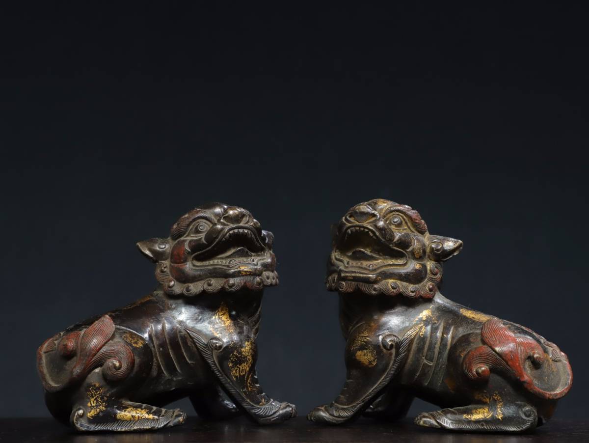 ◆旧蔵◆古美術 中国古玩 明代　古銅製　刷金　獅子―對　極細工 置物 擺件 古賞物　時代物 A19