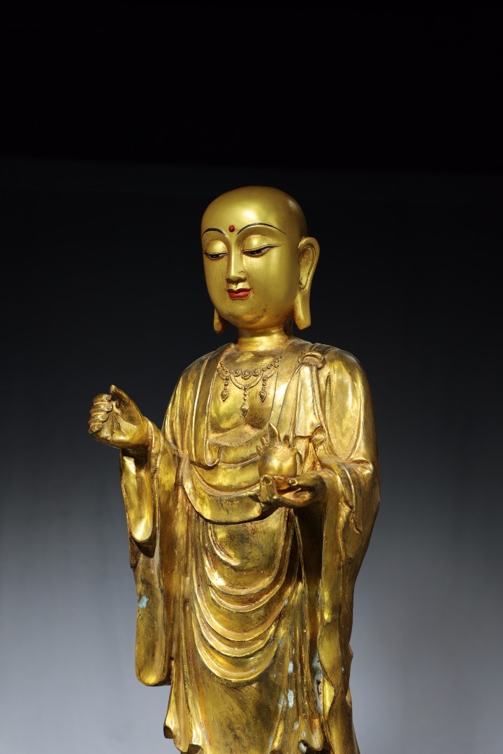 ◆旧蔵◆古美術 中国古玩 唐代　古銅製　銅塗金　地藏王　仏立像　極細工 置物 擺件 古賞物　時代物 A19
