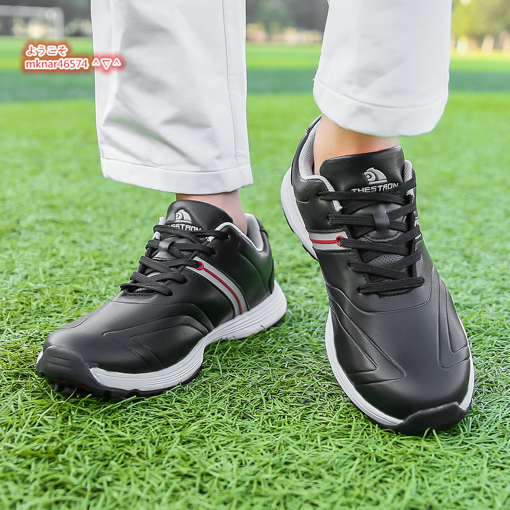 初売り 高級 ゴルフシューズ メンズ スパイク 強いグリップ 4E 運動靴 スニーカー フィット感 軽量防水防滑 黒×赤 24.5cm~28.5cm選択_画像6