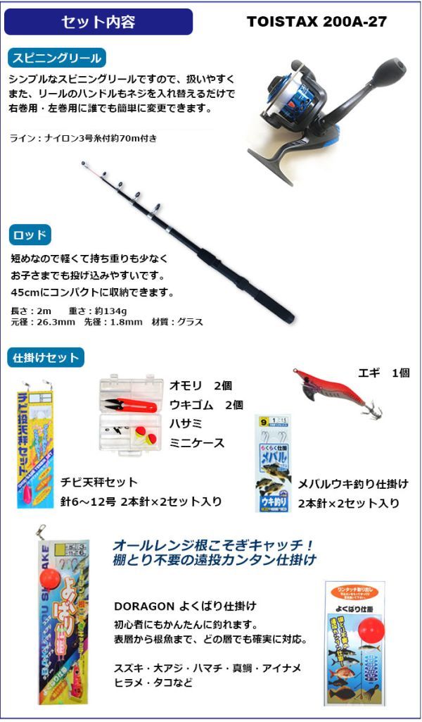 釣り具セット 海釣り セット 200A-27 釣りセット 釣具 セット 2m 釣り竿 釣竿 初心者 初心者用 釣り入門 セット 釣具セット ロッド_画像2