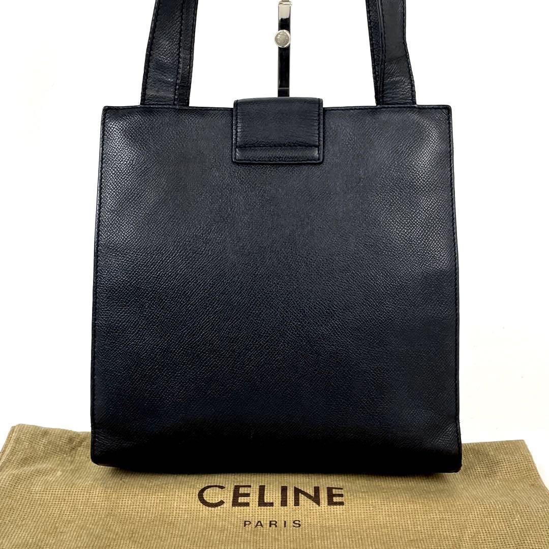 【美品】CELINE セリーヌ ワンショルダー 肩掛け トートバッグ ターンロック ゴールド金具 裏地総柄 ハンドバッグ 希少 レザー 黒 ブラック