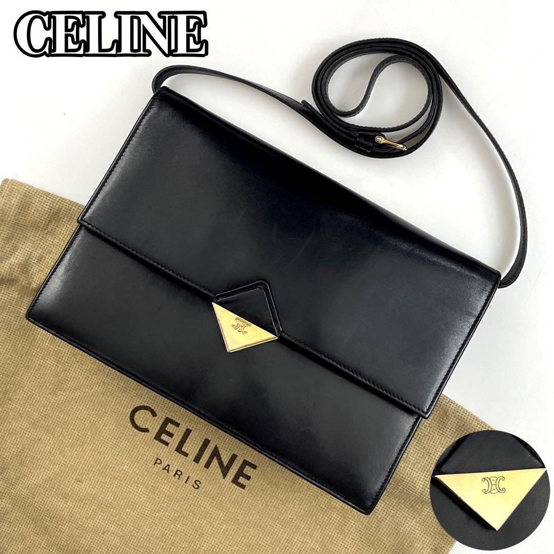 美品■CELINE セリーヌ ショルダーバッグ 2way 三角プレート トリオンフ マカダム ブラゾン 斜め掛け フォーマル カーフレザー 黒 ブラック