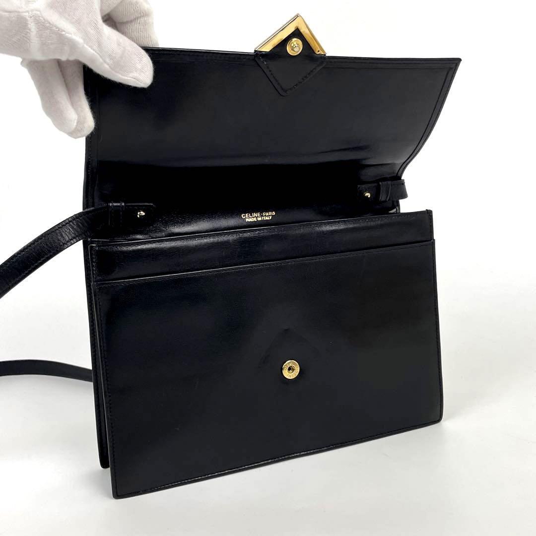 美品■CELINE セリーヌ ショルダーバッグ 2way 三角プレート トリオンフ マカダム ブラゾン 斜め掛け フォーマル カーフレザー 黒 ブラック