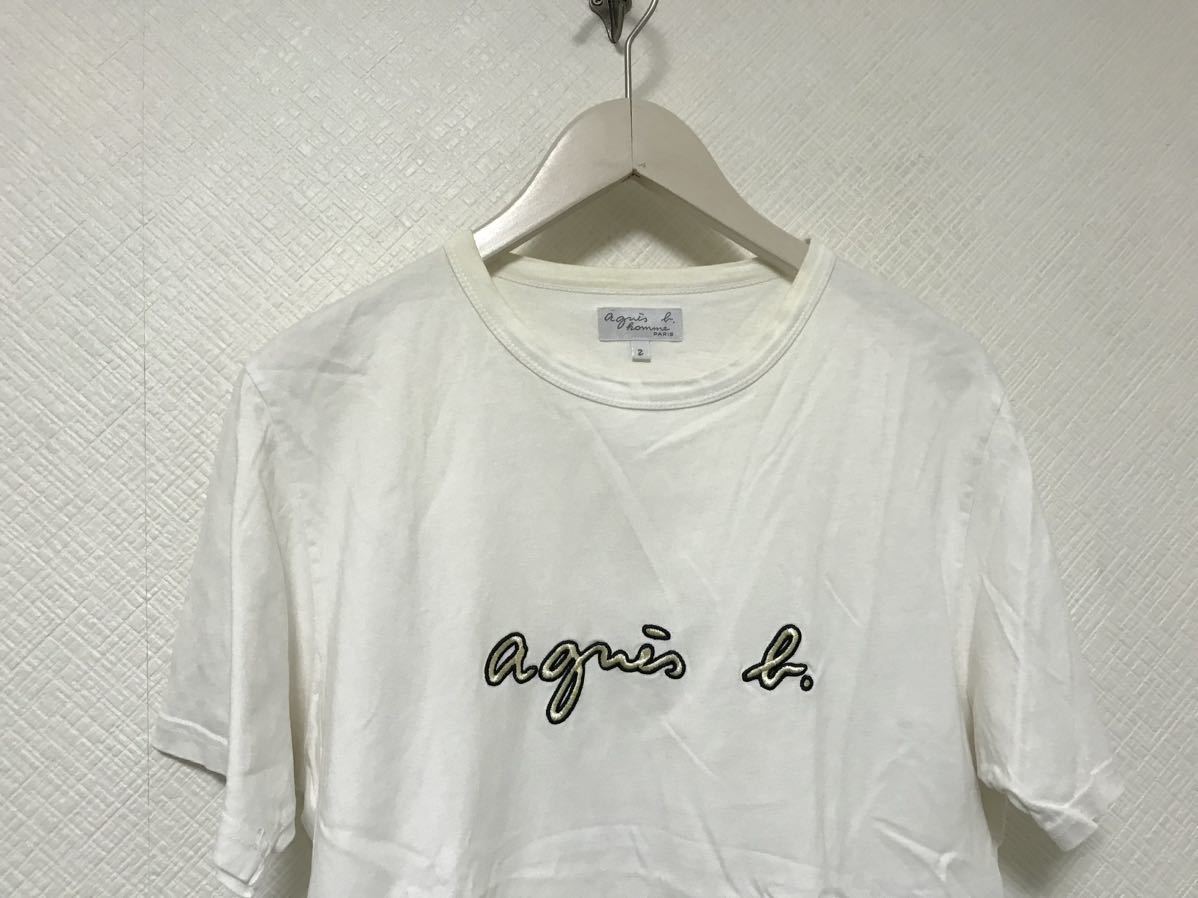 本物アニエスべーオムagnesb.コットンロゴ刺繍半袖Tシャツメンズサーフアメカジミリタリーワークビジネススーツ白ホワイト2Mポルトガル製