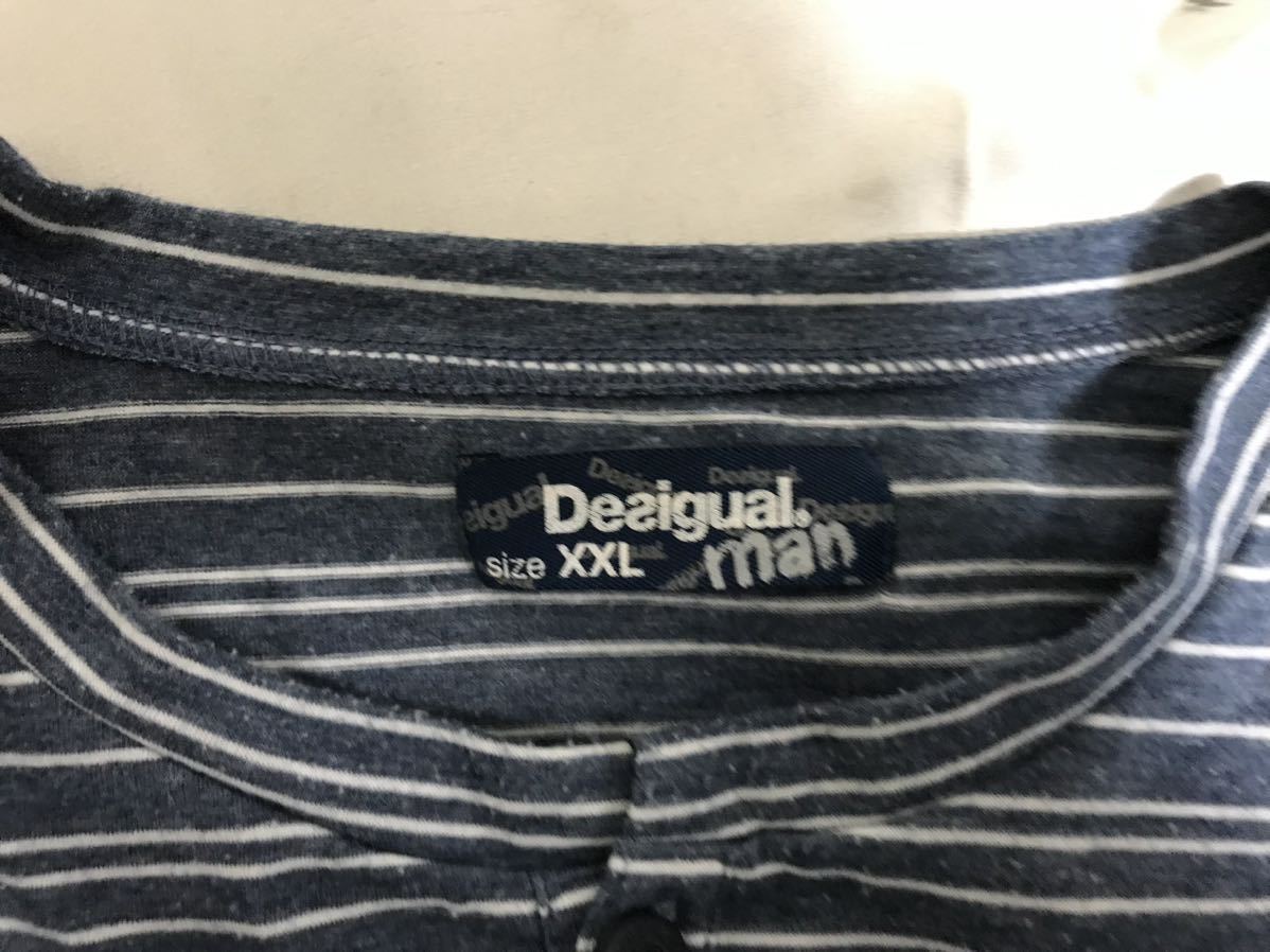 本物デシグアルDesigualコットンボーダー柄ヘンリーネック半袖Tシャツメンズサーフアメカジミリタリーワークビジネススーツ2XL青ブルーXXL