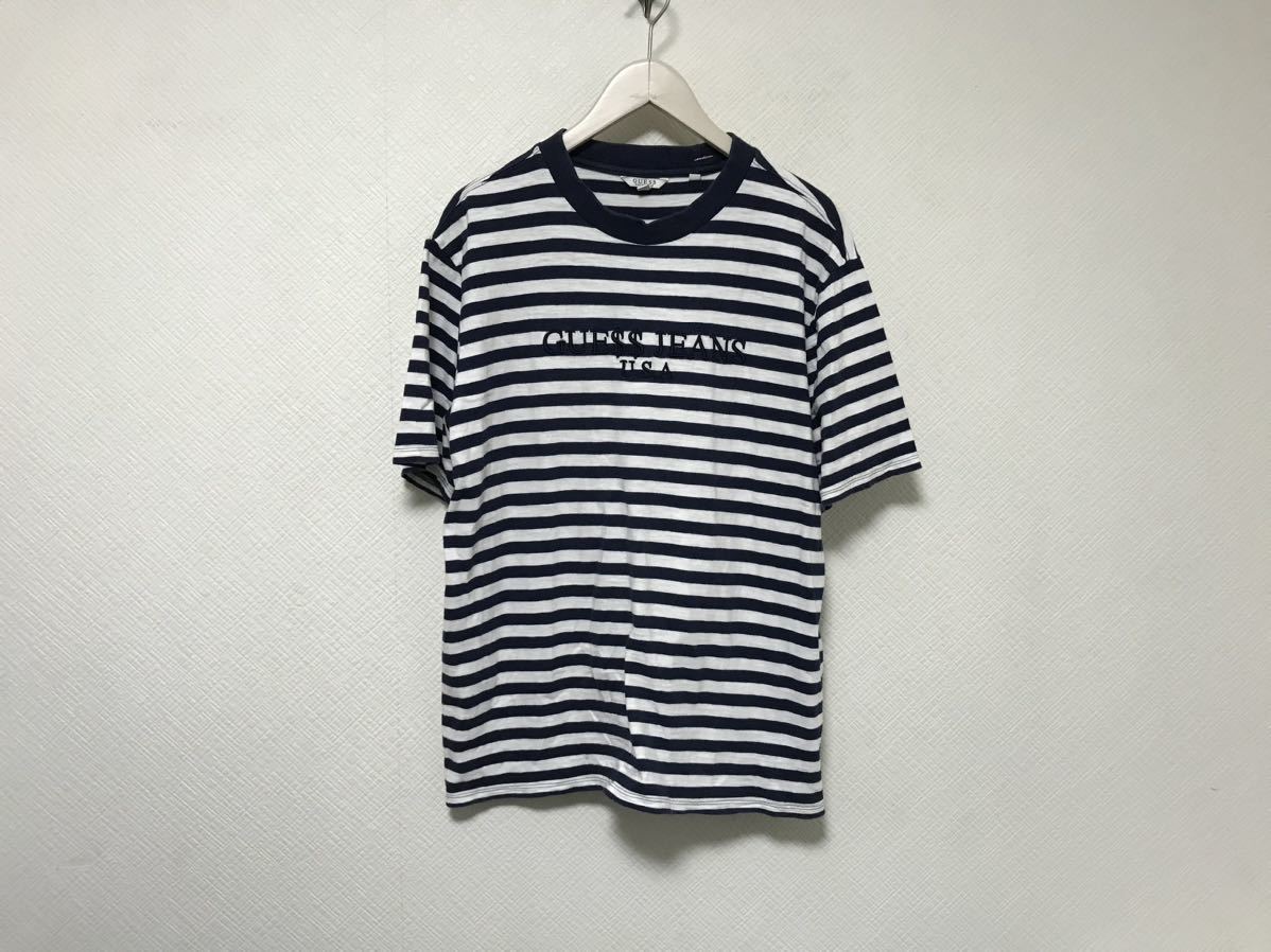 本物ゲスジーンズGUESSJEANSコットンロゴ刺繍ボーダー柄半袖Tシャツメンズサーフアメカジビジネススーツ紺ネイビー白M