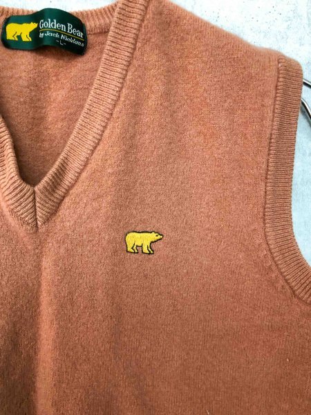 GOLDEN BEAR ゴールデンベア メンズ Vネック ロゴ刺繍 ベスト L 毛ナイロン サーモンピンク_画像5