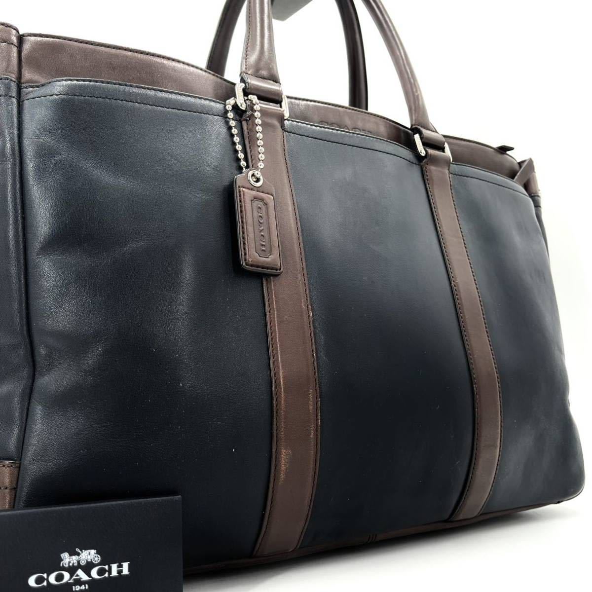 1円【正規品】COACH コーチ ビジネスバッグ トートバッグ メンズ 2way メトロポリタン PC収納 A4◎ ショルダー ネイビー ブラウン レザー_画像1