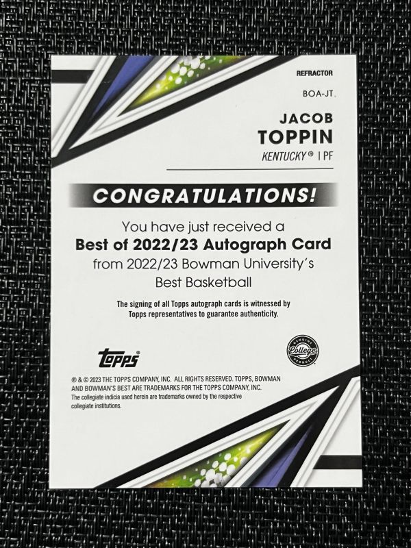 【RC】 Jacob Toppin ジェイコブ・トッピン 2022-23 Bowman’s Best U Refractor Rookie Auto 直筆サイン ニックス NBA オビ・トッピン弟_画像2