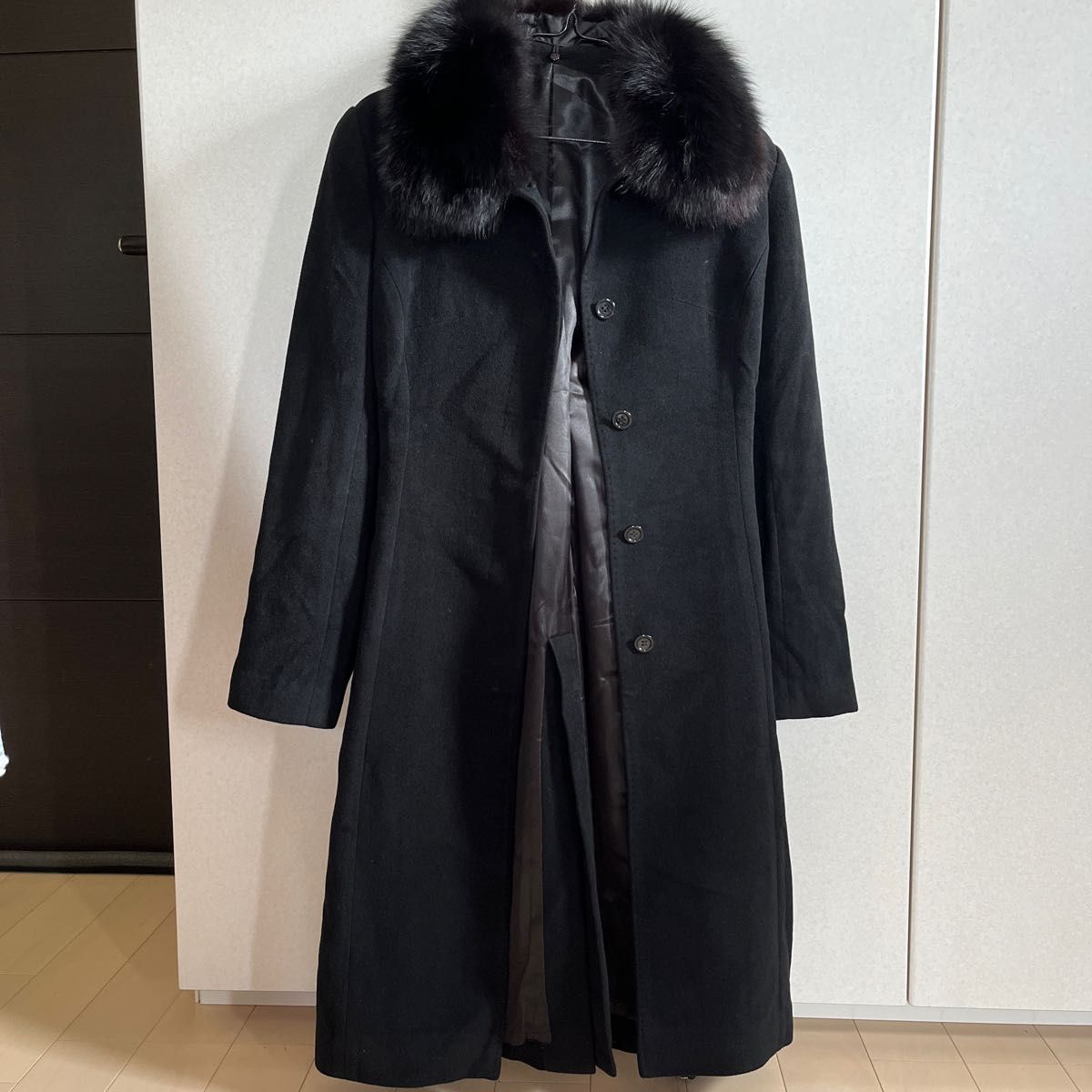 上質　9AR フォックスファー　ウール100%　百貨店購入コート　黒　98cm ロングコート 