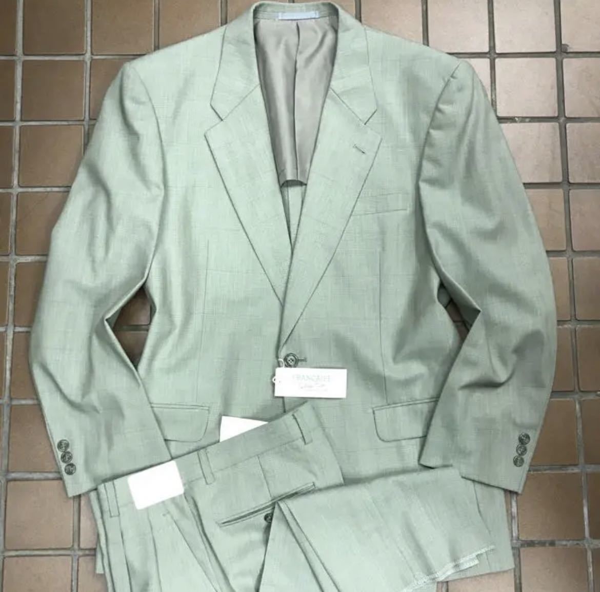 デッドストック　未使用　希少カラーセットアップ シングルスーツ L ヴィンテージ 一点物 ミント　緑系チェック柄/90年代スーツ